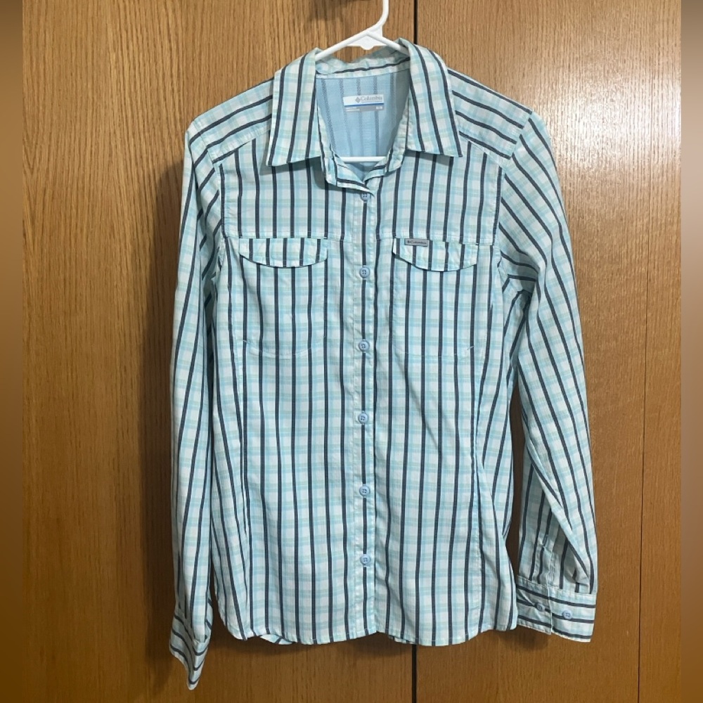 Columbia Silver Ridge Lite Omni-Shade Women’s Blue Green White Plaid Shirt Sz M